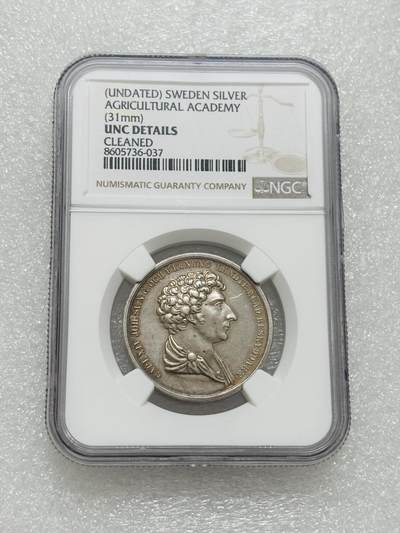 文馨钱币收藏第 303 场，【五一钱币荟，收藏盛宴】长期接代拍业务 NGC UNC D 瑞典 1818-1844 年农耕纪念银章，细节见图