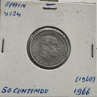 外国优质老铜币纪念币银币专场，周六晚上九点倒数截拍，满百包邮，节前出差在外，5月3日统一发货,可寄存半年，喜欢朋友微信扫描二维码可直接参拍 欧洲老藏家币藏-西班牙佛朗哥独裁时期 1966年50分，属独裁统治后期流通货币，1983 年停用，见证西班牙从战后独裁到转型前的社会经济状态。