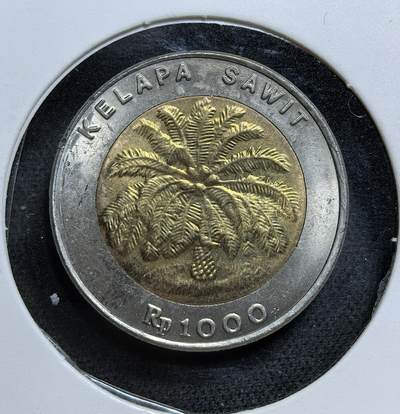 外国优质老铜币纪念币银币专场，周六晚上九点倒数截拍，满百包邮，节前出差在外，5月3日统一发货,可寄存半年，喜欢朋友微信扫描二维码可直接参拍 印度尼西亚大面值油棕树1000 卢比双金属币，正面是象征国家经济的油棕树，背面是印尼国徽 “迦楼罗神鹰”，是印尼步入 21 世纪后的典型流通货币。