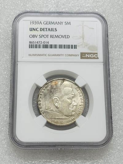 文馨钱币收藏第 303 场，【五一钱币荟，收藏盛宴】长期接代拍业务 NGC UNC D1939 年德国兴登堡5 马克银币 A 厂，原状态转光好