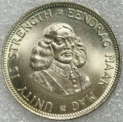 文馨钱币收藏第 302 场，国外回流老铜币，中东阿拉伯地区，拉美等国货币，30 号 1 号二连拍，长期接代拍业务，预计 4 月 4-5 号发货 原光 UNC 品 1964 年南非开拓者里贝克 20 分银币，独立后第一版关门年份，11.3 克 500 银