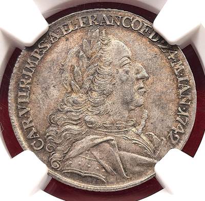 凡希社世界钱币微拍第三百二十三期 - 荐！1742法兰克福自由市查理七世加冕为神罗皇帝纪念2杜卡特金币银质试铸币NGC-MS62，查理七世是神圣罗马帝国历史上唯一一位维特尔斯巴赫家族的皇帝，他的加冕是18世纪神圣罗马帝国政治格局变化的重要事件，这枚纪念币也成为了这段历史的实物见证。而银质试铸样币作为当时为验证模具效果或作为特殊纪念留存的版本，更具收藏研究价值。（视频参考）