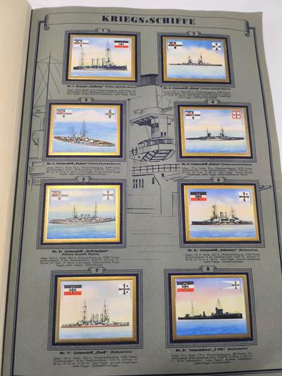 南水社第5次拍卖  魏玛共和国时期 德国Saba烟草出品《Schiffsbilder mit Spezialflaggen》世界各国战舰/商船主题香烟卡收藏册（II.Folge 第二辑） 全套250枚彩色贴画卡完整无缺 含一战德/奥匈/美/英/中/日/法等国海军舰艇及民用船只 附船旗、数据与世界海军地图 20世纪初船舶史