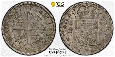 博洋堂“生趣盎然”4月精品专场暨第169期（全场包邮） PCGS AU55 西班牙马德里厂1771年卡洛斯三世2里亚尔银币，罕见品种，名家旧藏，唯一冠军分！