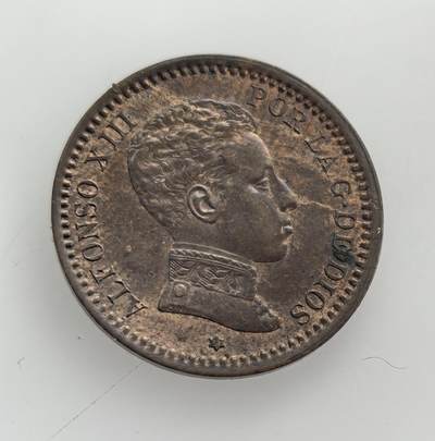 外国优质老铜币纪念币银币专场，周六晚上九点倒数截拍，满百包邮，节前出差在外，5月3日统一发货,可寄存半年，喜欢朋友微信扫描二维码可直接参拍 少见带铜光欧洲老藏家币藏-西班牙阿方索十三世 1904 年2 分铜币，属君主立宪时期流通辅币，见证了西班牙王国晚期社会矛盾积累与帝国衰落的时代背景。