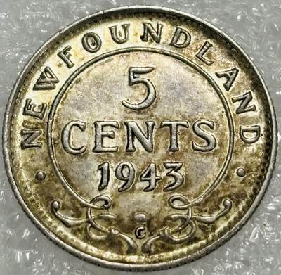 文馨钱币收藏第 302 场，国外回流老铜币，中东阿拉伯地区，拉美等国货币，30 号 1 号二连拍，长期接代拍业务，预计 4 月 4-5 号发货 原光好品 1943 年英属纽芬兰乔治六世 5 分银币