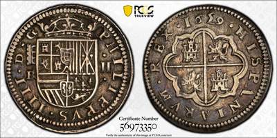 博洋堂“生趣盎然”4月精品专场暨第169期（全场包邮） PCGS AU50 西班牙塞戈维亚厂1659/29年菲利普四世2里亚尔银币，稀少骑字年份，名家旧藏，唯一冠军分！