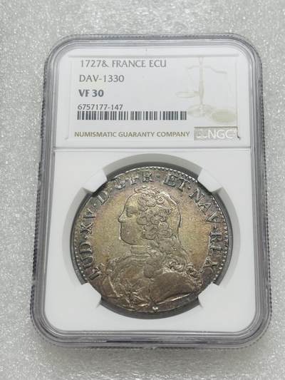 文馨钱币收藏第 303 场，【五一钱币荟，收藏盛宴】长期接代拍业务 NGC VF30 法国 1727 年波旁王朝路易十五埃居银币，双面五彩，极具观赏性