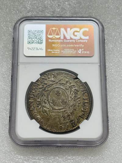 文馨钱币收藏第 303 场，【五一钱币荟，收藏盛宴】长期接代拍业务 NGC VF30 法国 1727 年波旁王朝路易十五埃居银币，双面五彩，极具观赏性
