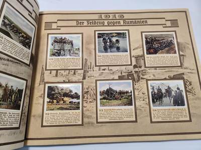 南水社第5次拍卖  魏玛德国时期 稀少第一次世界大战专题香烟卡收藏册《Der Weltkrieg》（《世界大战》） 全册完整无缺保持完好 德累斯顿“Cigaretten-Bilderdienst Dresden”官方发行 全套彩色烟卡 含战场场景、武器装备、各国军队、政治人物及战争地图 附完整文字说明 