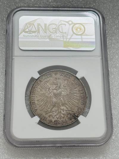 文馨钱币收藏第 303 场，【五一钱币荟，收藏盛宴】长期接代拍业务 NGC AU55 德意志法兰克福自由市 1860 年少女 1 泰勒银币，品相完美带黄油老彩，评分中规中矩
