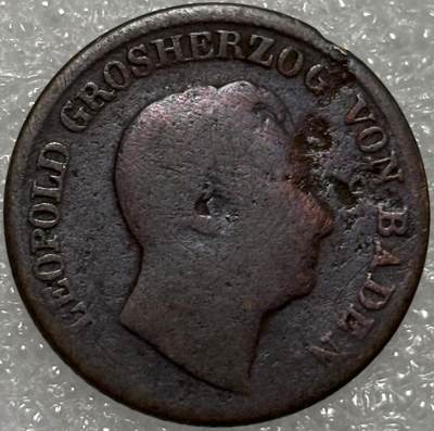 文馨钱币收藏第 302 场，国外回流老铜币，中东阿拉伯地区，拉美等国货币，30 号 1 号二连拍，长期接代拍业务，预计 4 月 4-5 号发货 少见 1851 年德国巴登大公国 1 克洛泽铜币