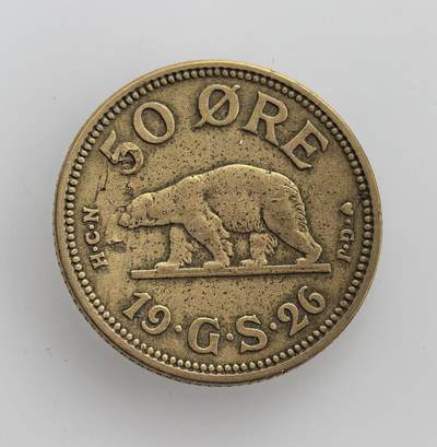 外国优质老铜币纪念币银币专场，周六晚上九点倒数截拍，满百包邮，节前出差在外，5月3日统一发货,可寄存半年，喜欢朋友微信扫描二维码可直接参拍 丹麦属地格陵兰自治政府1926 年50欧尔铜币，币面的北极熊和丹麦王室盾徽，见证了丹麦对格陵兰的殖民统治与地方货币体系。