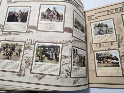 南水社第5次拍卖  魏玛德国时期 稀少第一次世界大战专题香烟卡收藏册《Der Weltkrieg》（《世界大战》） 全册完整无缺保持完好 德累斯顿“Cigaretten-Bilderdienst Dresden”官方发行 全套彩色烟卡 含战场场景、武器装备、各国军队、政治人物及战争地图 附完整文字说明 