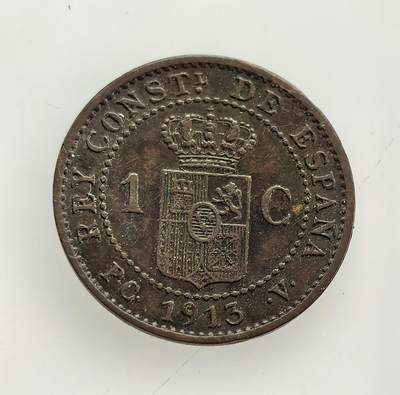 外国优质老铜币纪念币银币专场，周六晚上九点倒数截拍，满百包邮，节前出差在外，5月3日统一发货,可寄存半年，喜欢朋友微信扫描二维码可直接参拍 少见欧洲老藏家币藏-西班牙阿方索十三世1913 年1分铜币，属君主立宪制末期流通辅币，见证了西班牙君主制在动荡前夕的货币体系。