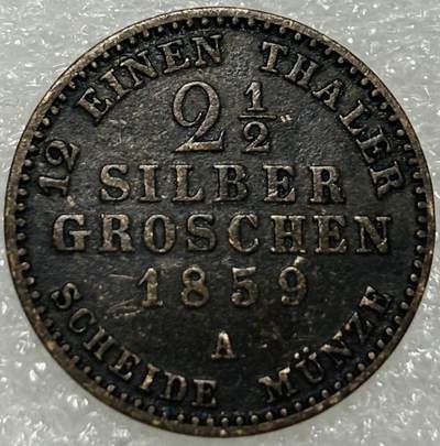 文馨钱币收藏第 302 场，国外回流老铜币，中东阿拉伯地区，拉美等国货币，30 号 1 号二连拍，长期接代拍业务，预计 4 月 4-5 号发货 德国普鲁士1859 年2.5格罗申1/12泰勒银币威廉四世 