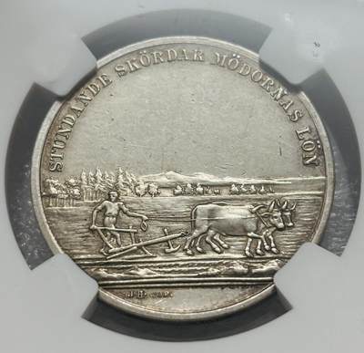 文馨钱币收藏第 303 场，【五一钱币荟，收藏盛宴】长期接代拍业务 NGC UNC D 瑞典 1818-1844 年农耕纪念银章，细节见图