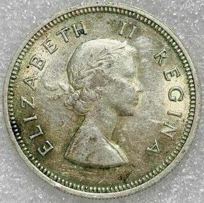 文馨钱币收藏第 302 场，国外回流老铜币，中东阿拉伯地区，拉美等国货币，30 号 1 号二连拍，长期接代拍业务，预计 4 月 4-5 号发货 原光好品 1957 年英属南非伊丽莎白二世 2 先令银币，11.3 克 500 银