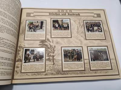 南水社第5次拍卖  魏玛德国时期 稀少第一次世界大战专题香烟卡收藏册《Der Weltkrieg》（《世界大战》） 全册完整无缺保持完好 德累斯顿“Cigaretten-Bilderdienst Dresden”官方发行 全套彩色烟卡 含战场场景、武器装备、各国军队、政治人物及战争地图 附完整文字说明 