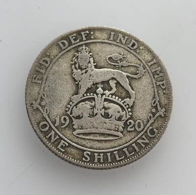 外国优质老铜币纪念币银币专场，周六晚上九点倒数截拍，满百包邮，节前出差在外，5月3日统一发货,可寄存半年，喜欢朋友微信扫描二维码可直接参拍 英国乔治五世时期1920年1先令银币，正面为国王头像，背面是皇冠雄狮图案，是一战后英国经济恢复期的流通货币。