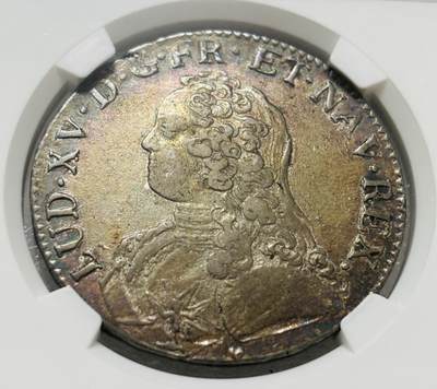 文馨钱币收藏第 303 场，【五一钱币荟，收藏盛宴】长期接代拍业务 NGC VF30 法国 1727 年波旁王朝路易十五埃居银币，双面五彩，极具观赏性