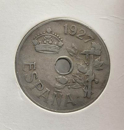 外国优质老铜币纪念币银币专场，周六晚上九点倒数截拍，满百包邮，节前出差在外，5月3日统一发货,可寄存半年，喜欢朋友微信扫描二维码可直接参拍 欧洲老藏家币藏-西班牙阿方索十三世统治末期 1927年皇冠橄榄枝25 分，属比塞塔辅币体系，中孔设计便于流通，为当时经济稳定与日常交易的重要货币。
