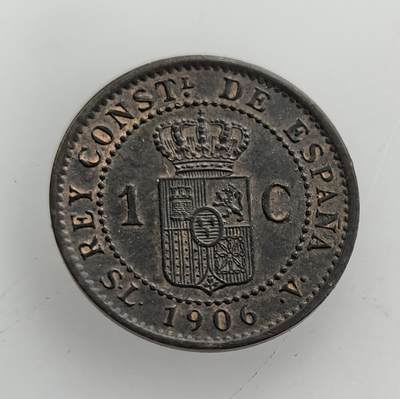 外国优质老铜币纪念币银币专场，周六晚上九点倒数截拍，满百包邮，节前出差在外，5月3日统一发货,可寄存半年，喜欢朋友微信扫描二维码可直接参拍 少见欧洲老藏家币藏-西班牙阿方索十三世1906 年1 分铜币，属君主立宪时期辅币，见证了西班牙王国晚期动荡局势与殖民帝国衰落的时代背景。