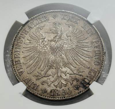 文馨钱币收藏第 303 场，【五一钱币荟，收藏盛宴】长期接代拍业务 NGC AU55 德意志法兰克福自由市 1860 年少女 1 泰勒银币，品相完美带黄油老彩，评分中规中矩