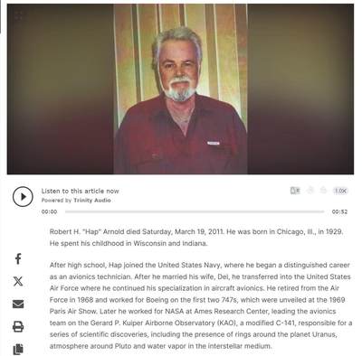 戎马世界章牌大赏第115期 美国证书套，属于柯伊柏机载天文台负责人Robert H. Arnold，他曾作为航空电子技术人员在美国海军服役，后转到美国空军，继续从事飞机航空电子设备专业相关工作。1968年从部队退役后在艾姆斯研究中心（Ames Research Center）工作，担任柯伊伯空中天文台（KAO）负责人，参与了一系列的科学发现，包括天王星存在光环、冥王星周围的大气和星际介质中存在水蒸气等