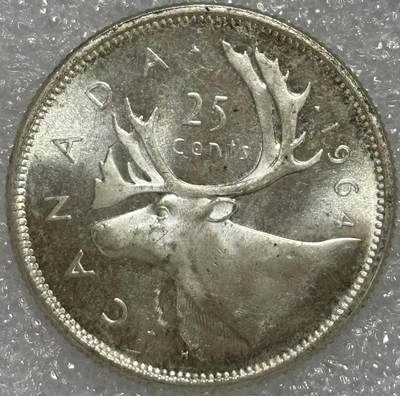 文馨钱币收藏第 302 场，国外回流老铜币，中东阿拉伯地区，拉美等国货币，30 号 1 号二连拍，长期接代拍业务，预计 4 月 4-5 号发货 原光 UNC 品 1964 年英属加拿大 25 分银币，第一版本关门年份 5.83 克 800 银