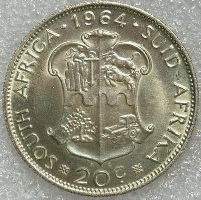 文馨钱币收藏第 302 场，国外回流老铜币，中东阿拉伯地区，拉美等国货币，30 号 1 号二连拍，长期接代拍业务，预计 4 月 4-5 号发货 原光 UNC 品 1964 年南非开拓者里贝克 20 分银币，独立后第一版关门年份，11.3 克 500 银