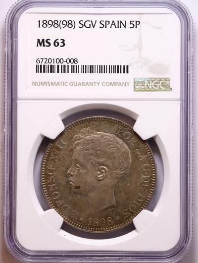 观钱 近现代机制币拍卖No.010（全场顺丰包邮，不区分偏远地区，本场5月5日开始发货）  1898 年西班牙阿方索十三世 5 比塞塔银币 NGC MS63 币面浮雕立体感强，少年阿方索十三世的发丝、五官细节清晰，铸造工艺精湛，完美呈现了西班牙造币厂的顶级水准。