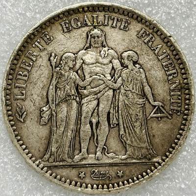 文馨钱币收藏第 302 场，国外回流老铜币，中东阿拉伯地区，拉美等国货币，30 号 1 号二连拍，长期接代拍业务，预计 4 月 4-5 号发货 法兰西第三共和国大力神 5 法郎大银币，第六版本 A 厂 25 克 900 银