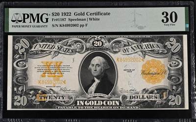 【炜奕收藏】，五月第一期 - 1922年美国20美元黄金券，PMG30分，Fr#1187，同系列1922年黄金券，是美国最后一批可民间兑换黄金的法定货币，1933年停止兑付，为大票幅美元的收官品类。票面印有「IN GOLD COIN」，代表该券可直接兑付等值金币；搭配标志性橙色黄金券印章，是黄金券区别于其他美元券种的视觉特征。