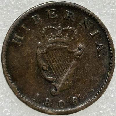 文馨钱币收藏第 302 场，国外回流老铜币，中东阿拉伯地区，拉美等国货币，30 号 1 号二连拍，长期接代拍业务，预计 4 月 4-5 号发货 少见极美品 1806 年英属爱尔兰乔治三世法新铜币