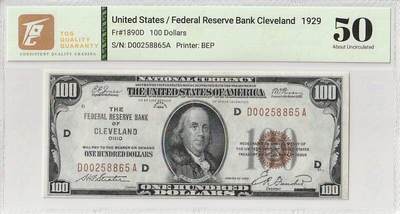 【炜奕收藏】，五月第一期 - 1929年美国100美元，克利夫兰版，TQG50分，号码无47