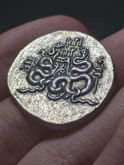 星盘世界钱币 5.2年度精品币大拍 一周年抽奖活动 顶级美品！古希腊密细亚・帕加马王国 公元前85-76年 蛇篮四德拉克马银币正面为两条密教圣蛇交缠，象征阴阳平衡、疆域守护、祛厄与神性联结，也是后世西方双蛇杖符号的源头。