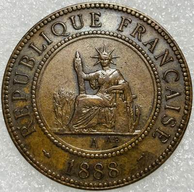 文馨钱币收藏第 302 场，国外回流老铜币，中东阿拉伯地区，拉美等国货币，30 号 1 号二连拍，长期接代拍业务，预计 4 月 4-5 号发货 少见极美品 1888年法属印度支那百分之一分铜币 ，第一版 A 厂