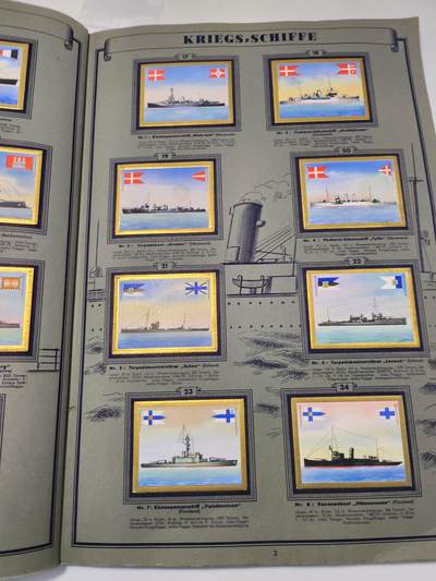 南水社第5次拍卖  魏玛共和国时期 德国Saba烟草出品《Schiffsbilder mit Spezialflaggen》世界各国战舰/商船主题香烟卡收藏册（II.Folge 第二辑） 全套250枚彩色贴画卡完整无缺 含一战德/奥匈/美/英/中/日/法等国海军舰艇及民用船只 附船旗、数据与世界海军地图 20世纪初船舶史