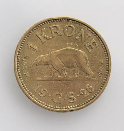 外国优质老铜币纪念币银币专场，周六晚上九点倒数截拍，满百包邮，节前出差在外，5月3日统一发货,可寄存半年，喜欢朋友微信扫描二维码可直接参拍 丹麦属地格陵兰自治政府1926 年1 克朗铜币，币面的北极熊和丹麦王室盾徽，见证了丹麦对格陵兰的殖民统治与地方货币体系。
