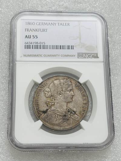文馨钱币收藏第 303 场，【五一钱币荟，收藏盛宴】长期接代拍业务 NGC AU55 德意志法兰克福自由市 1860 年少女 1 泰勒银币，品相完美带黄油老彩，评分中规中矩