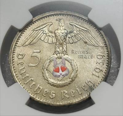 文馨钱币收藏第 303 场，【五一钱币荟，收藏盛宴】长期接代拍业务 NGC UNC D1939 年德国兴登堡5 马克银币 A 厂，原状态转光好