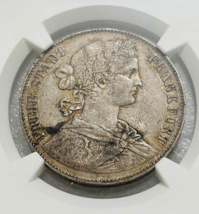 文馨钱币收藏第 303 场，【五一钱币荟，收藏盛宴】长期接代拍业务 NGC AU55 德意志法兰克福自由市 1860 年少女 1 泰勒银币，品相完美带黄油老彩，评分中规中矩