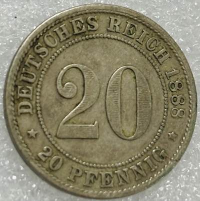 文馨钱币收藏第 302 场，国外回流老铜币，中东阿拉伯地区，拉美等国货币，30 号 1 号二连拍，长期接代拍业务，预计 4 月 4-5 号发货 少见 1888 年德意志帝国 20 芬尼，第二版关门年只发行两年，印象中好像是大特年