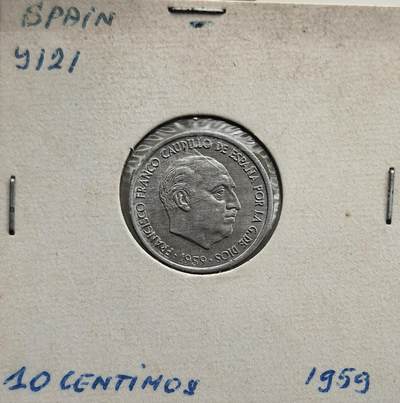 外国优质老铜币纪念币银币专场，周六晚上九点倒数截拍，满百包邮，节前出差在外，5月3日统一发货,可寄存半年，喜欢朋友微信扫描二维码可直接参拍 欧洲老藏家币藏-西班牙佛朗哥独裁时期 1959 年10 分铝币，以佛朗哥头像为特征，是战后西班牙经济稳定阶段的低面值流通辅币。