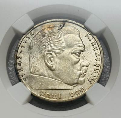 文馨钱币收藏第 303 场，【五一钱币荟，收藏盛宴】长期接代拍业务 NGC UNC D1939 年德国兴登堡5 马克银币 A 厂，原状态转光好