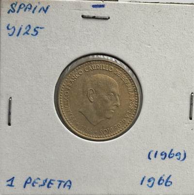 外国优质老铜币纪念币银币专场，周六晚上九点倒数截拍，满百包邮，节前出差在外，5月3日统一发货,可寄存半年，喜欢朋友微信扫描二维码可直接参拍 欧洲老藏家币藏-西班牙佛朗哥独裁时期 1966年1比塞塔黄铜币，正面为佛朗哥头像，背面是西班牙国徽，是战后经济稳定阶段的流通货币，见证了西班牙 “经济奇迹” 时期的社会变化。
