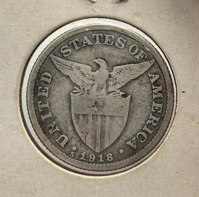 外国优质老铜币纪念币银币专场，周六晚上九点倒数截拍，满百包邮，节前出差在外，5月3日统一发货,可寄存半年，喜欢朋友微信扫描二维码可直接参拍 美属菲律宾1918年50分银币，铸有美国鹰徽与菲律宾女神像，是美国殖民统治时期的货币，见证了美菲殖民历史与当地经济变迁。