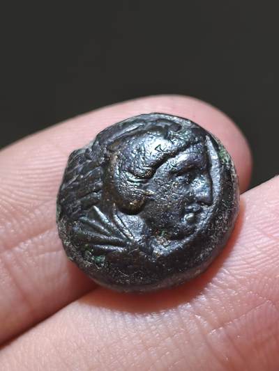 星盘世界钱币 5.2年度精品币大拍 一周年抽奖活动 古希腊马其顿帝国 公元前336-323 年 亚历山大三世 大力神和武器铜币。正面为戴涅墨亚狮皮盔的赫拉克勒斯头像，背面为赫拉克勒斯的标志性武器组合（狼牙棒、弓箭与箭囊）