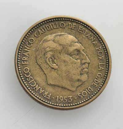 外国优质老铜币纪念币银币专场，周六晚上九点倒数截拍，满百包邮，节前出差在外，5月3日统一发货,可寄存半年，喜欢朋友微信扫描二维码可直接参拍 欧洲老藏家币藏-西班牙佛朗哥独裁时期 1953 年2.5 比塞塔铜币，正面为独裁者头像，背面饰纹章，是战后 “经济奇迹” 前夕的流通货币，见证威权统治下的经济与社会状态。